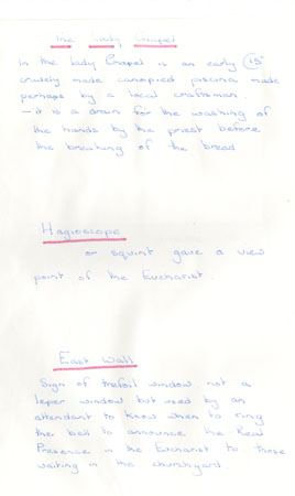 Information about some aspects of St Jerome�s church interior at Llangwm Pembrokeshire. There are short passages on the hagioscope, the East wall and the Lady Chapel